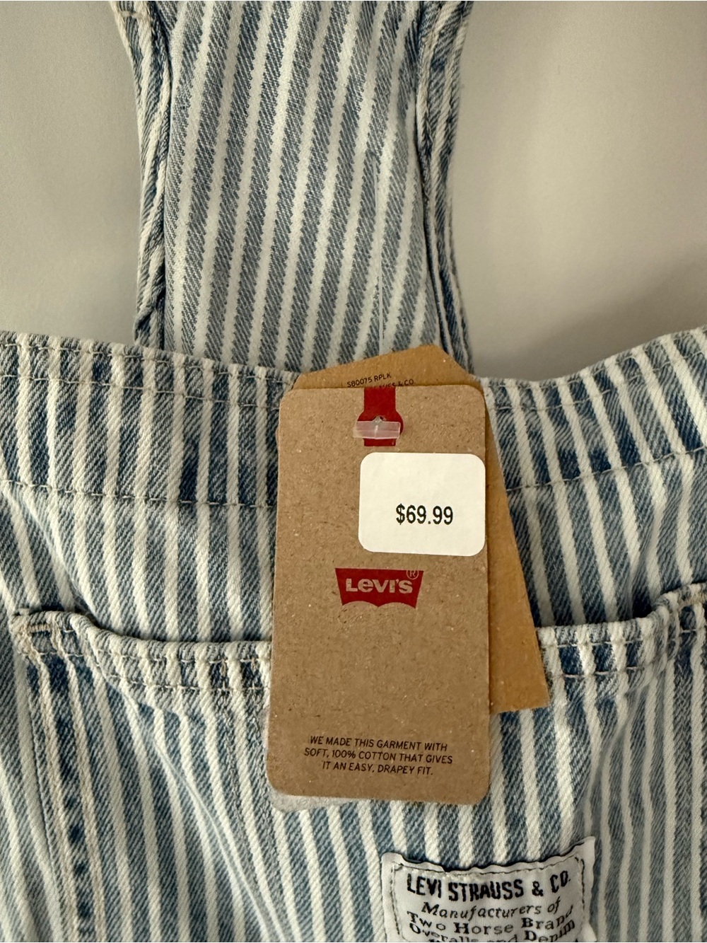 Levi's Light Blue & White Striped womens Short Overalls - Picture 2 of 3